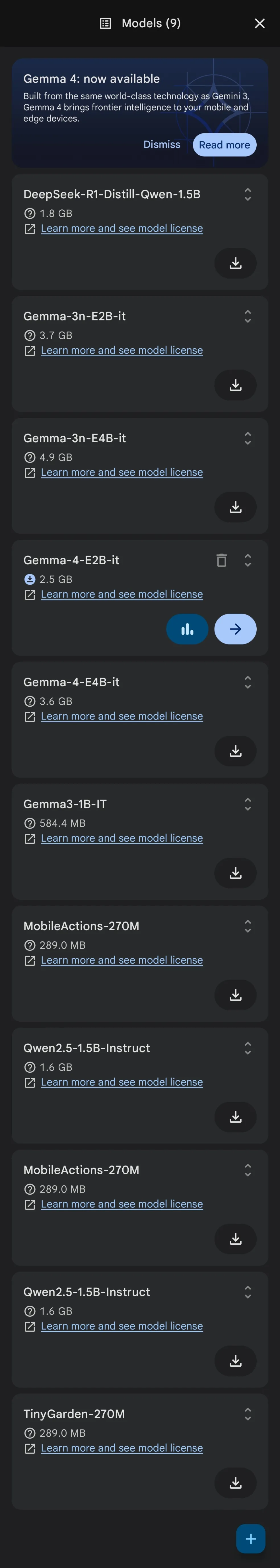List of models available in google edge gallery app