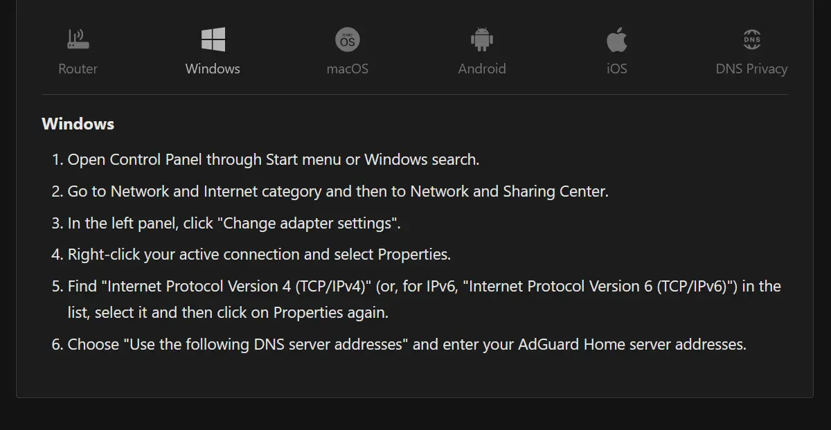 Windows DNS settings for AdGuard Home