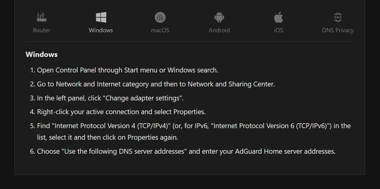 Windows DNS settings for AdGuard Home