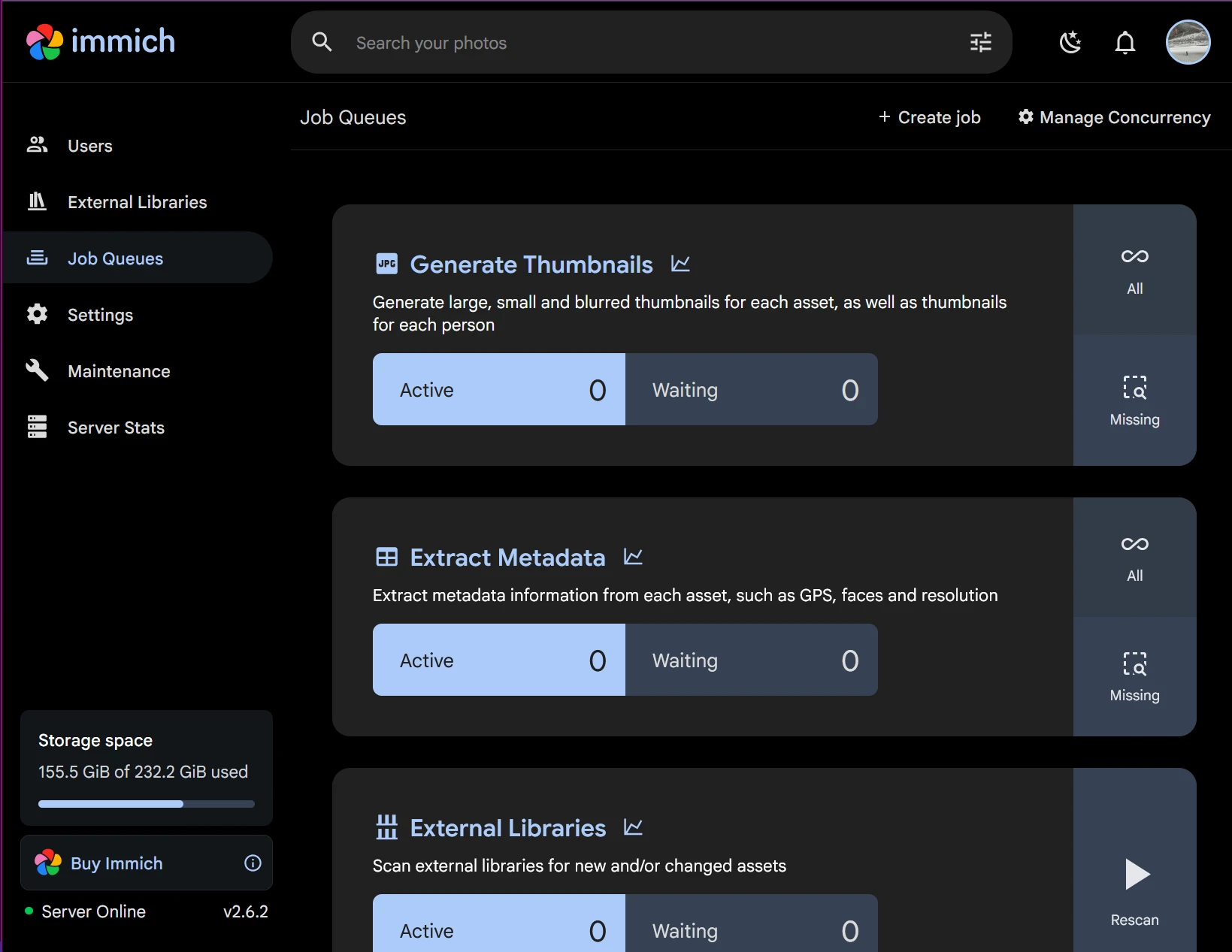 Immich Administration Job Queues page