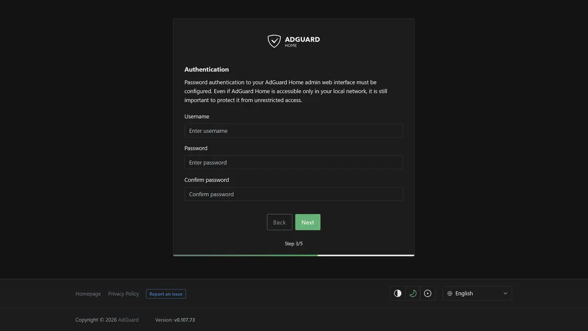 AdGuard Home admin credentials setup
