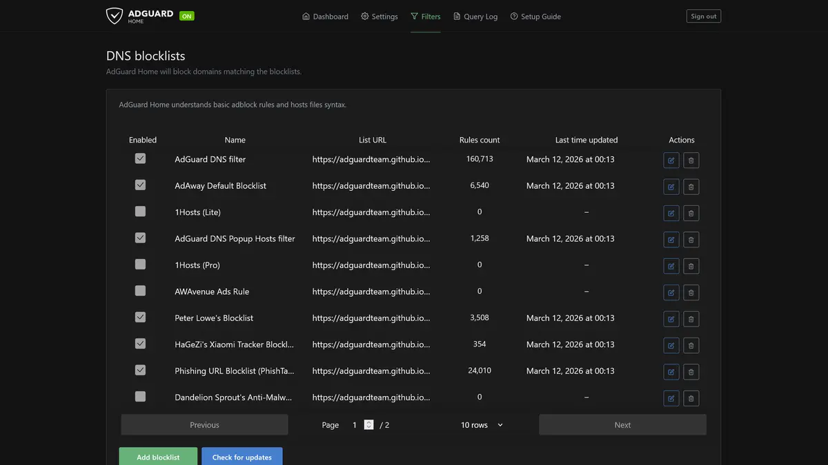 AdGuard Home DNS blocklist settings