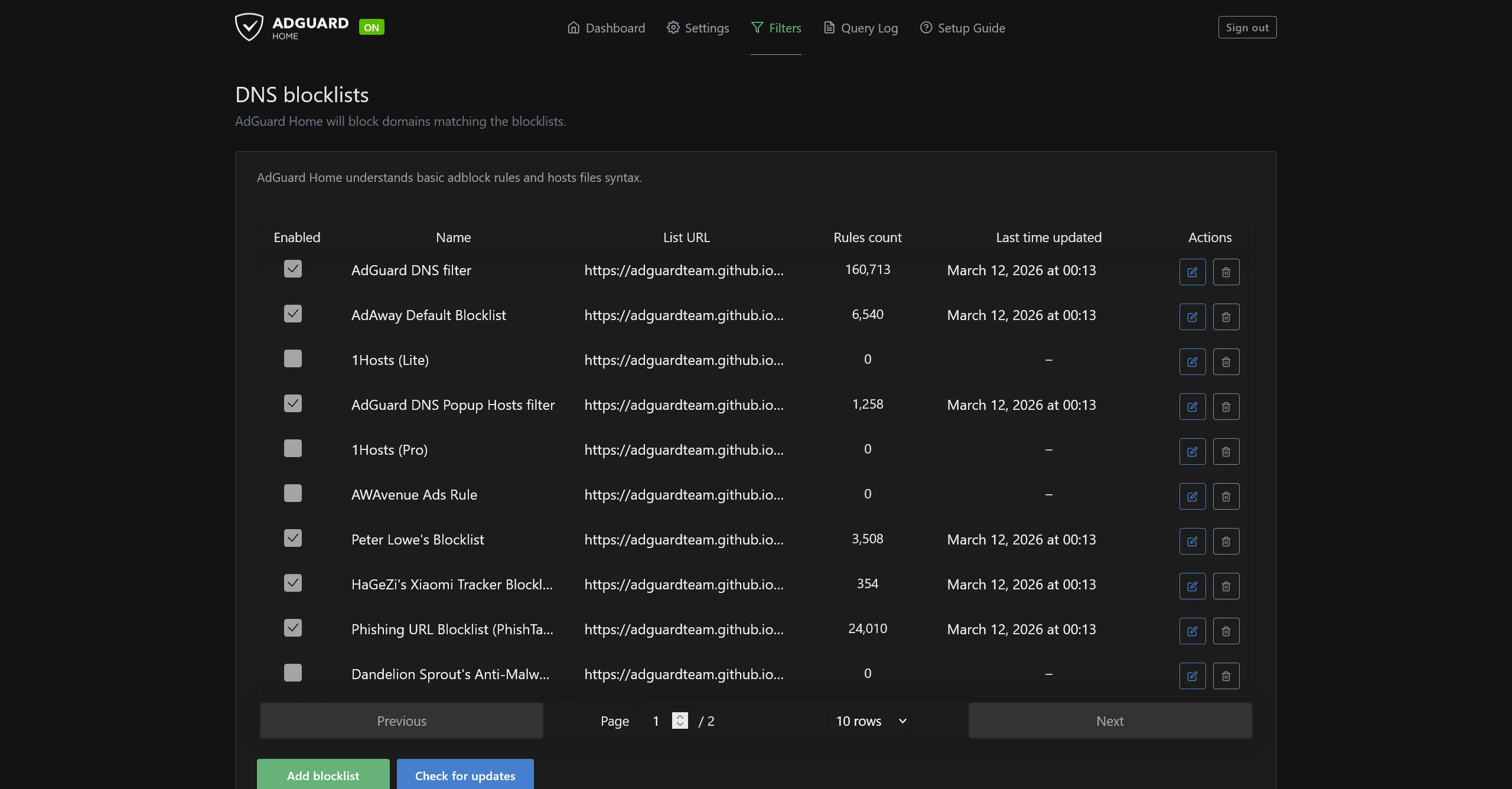 AdGuard Home DNS blocklist settings