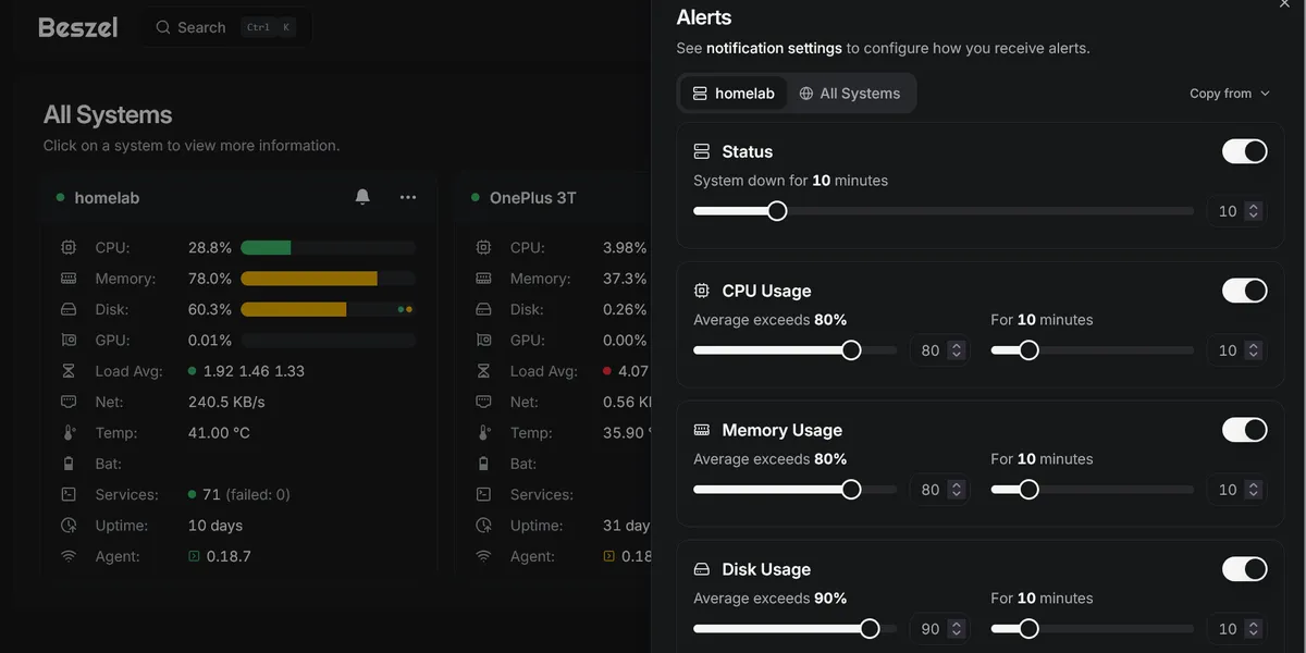 Beszel notification alerts configuration interface