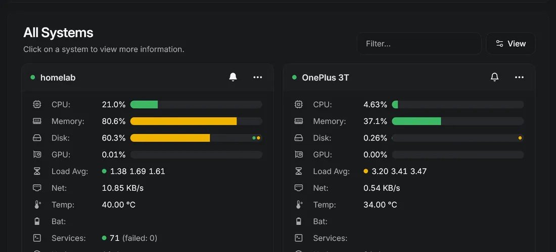Beszel system metrics overview dashboard