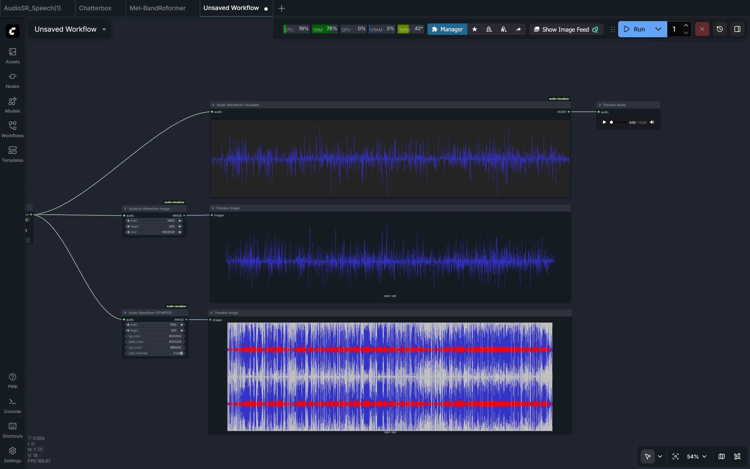 A digital audio processing interface displaying a workflow with audio waveforms. The screen shows three waveform panels with blue and red frequency visualizations and various node connections. RAM and CPU usage indicators are visible at the top.