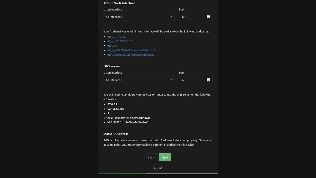 AdGuard Home network port configuration page