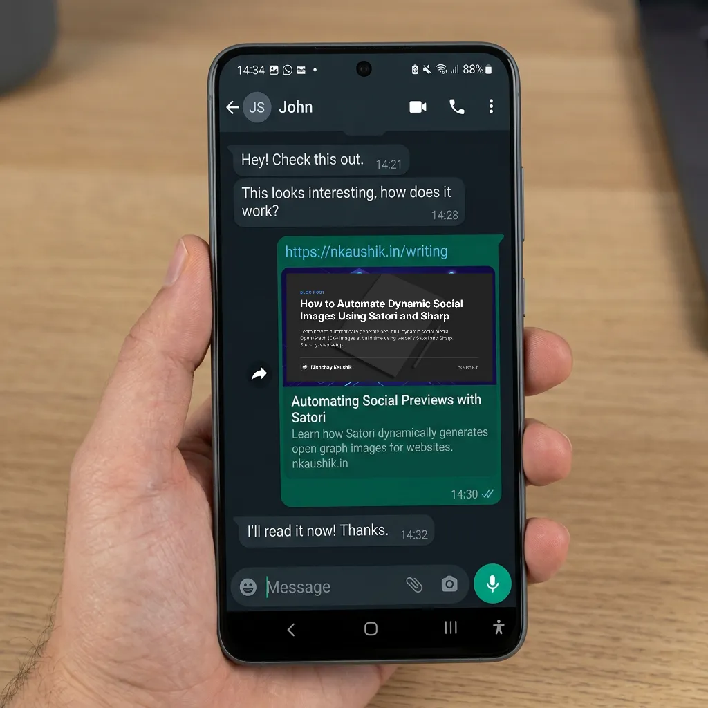 A WhatsApp chat mockup showing the website link with a beautiful dynamic cover image preview